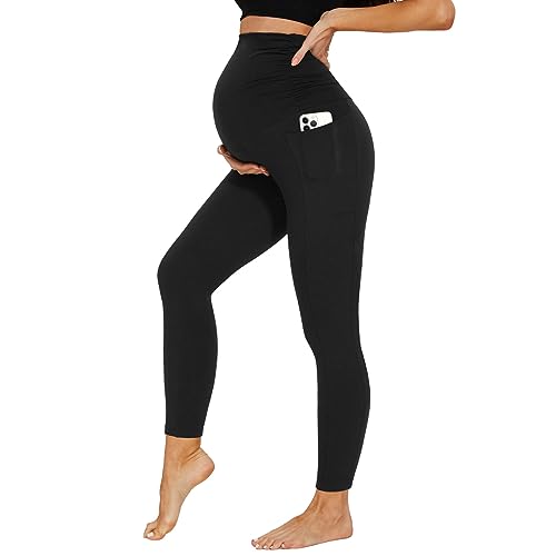 DDOBB Damen Umstandsleggings mit Taschen High Waist Umstandshose Blickdichte Schwangerschaftsleggings Weich Elastisch Umstandsmode Zuhause Yoga Sport(schwarz, XXL)