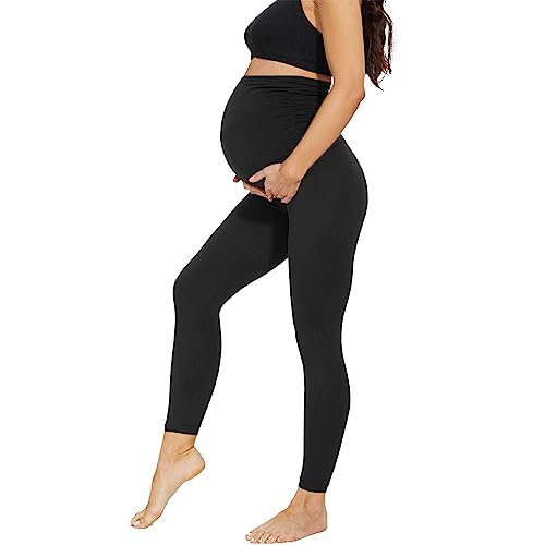 AMIYOYO Damen Umstandsleggings High Waist Schwangerschaftsleggings Blickdicht Umstandshose Freizeithose Stretch Umstandsmode für Schwangere Lang(Schwarz,XXL)