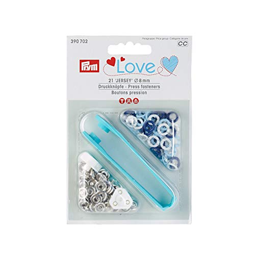 Druckknöpfe LOVE 21 Stück Jersey 8 mm blau / weiß gemischt